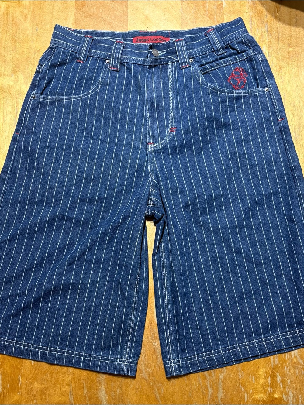 Jaded London Navy Pinstripe Denim Shorts